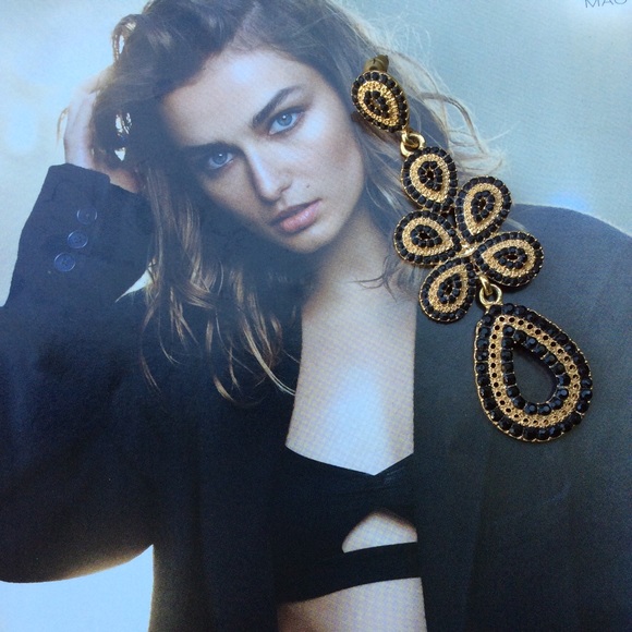 Black gold rhinestone fancy dangle post earrings - Picture 1 of 4